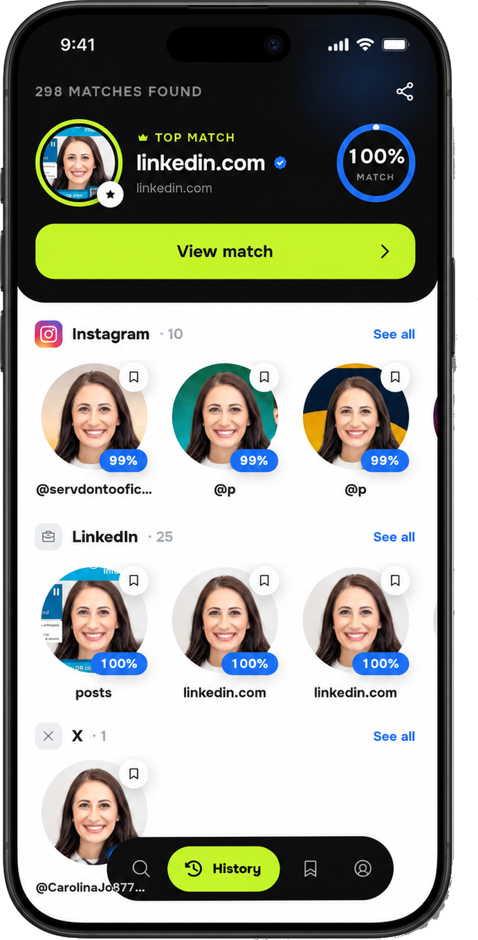 WhoIRL results, showing ranked matches grouped by platform with confidence scores